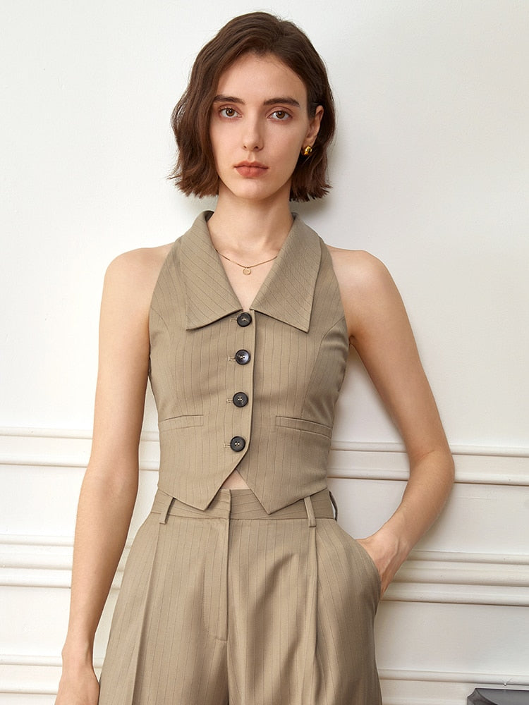 Khaki Vest with turndown collar | Zalia Atelier