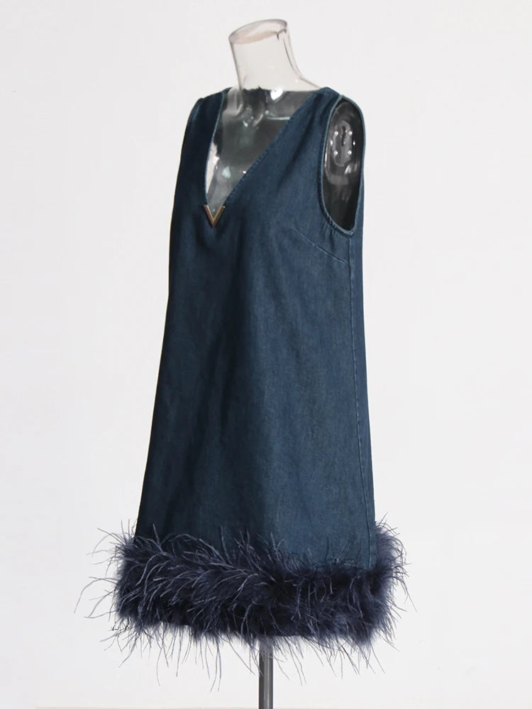 Feather Hem Denim Dress