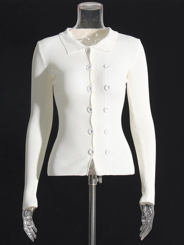 White Knit Top Long Sleeves Front Buttons