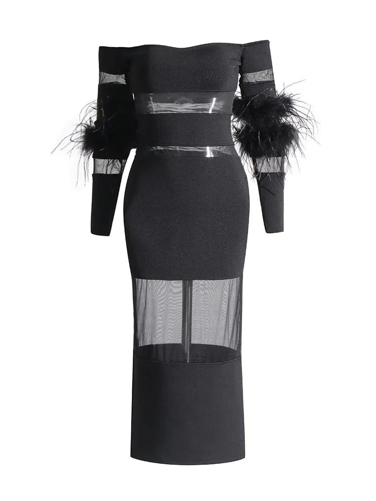 Zalia Atelier | Black Midi Dress Strapless Long Sleeves With Feathers