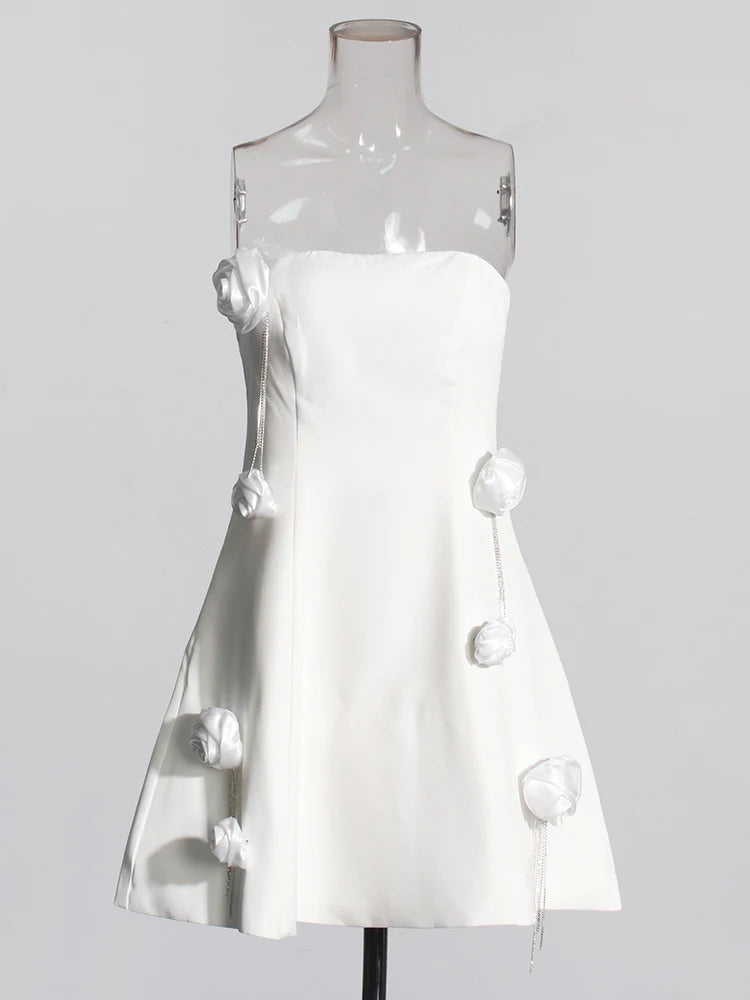 White Strapless Mini Dress With Black Flower Appliques Cocktail Dress