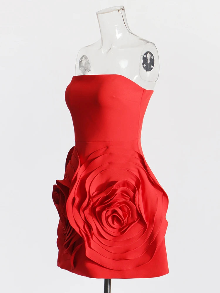 Zalia Atelier | Red Strapless Mini Dress Floral Applique