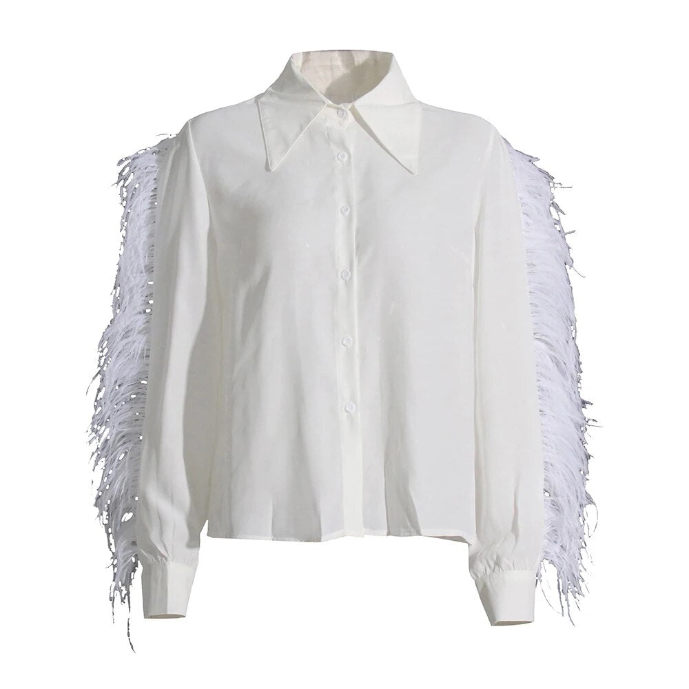 White long sleeve blouse with feather trims