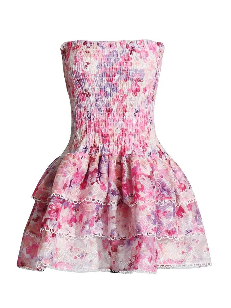 Pink Floral Strapless Mini Dress Embroidery | Zalia Atelier