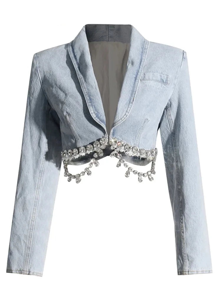 Cropped denim jacket cropped length big rhinestone trim