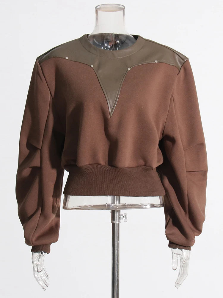 Zalia Atelier | Coffee brown sweatshirt pu leather patchwork