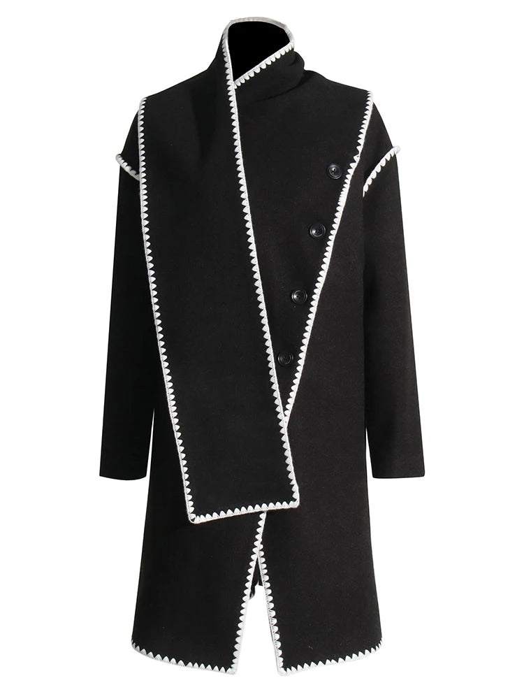 Zalia Atelier | Black Coat with scarf collar and knit trims