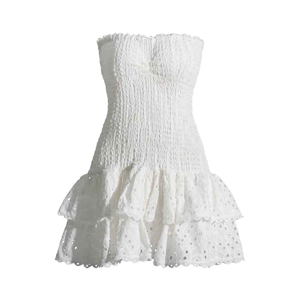 white broderie anglaise strapless mini dress