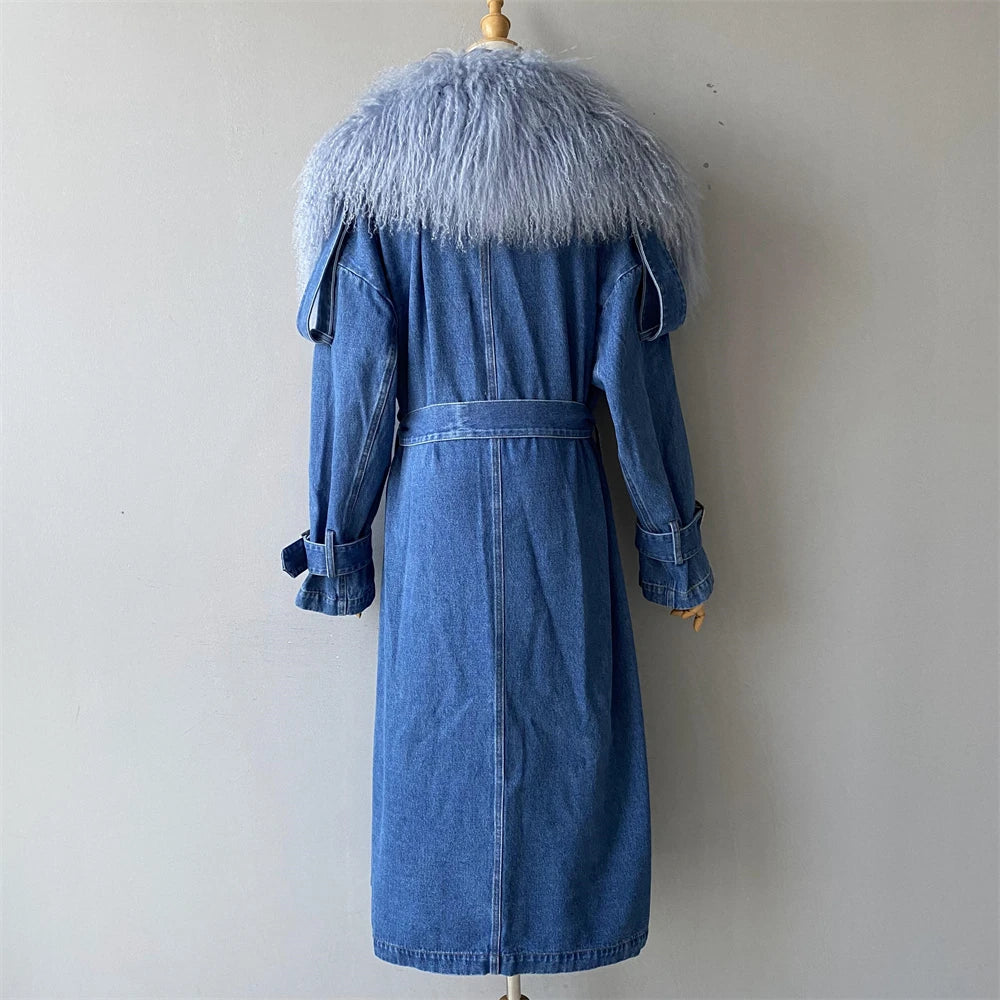 Denim and Fur Trench Coat