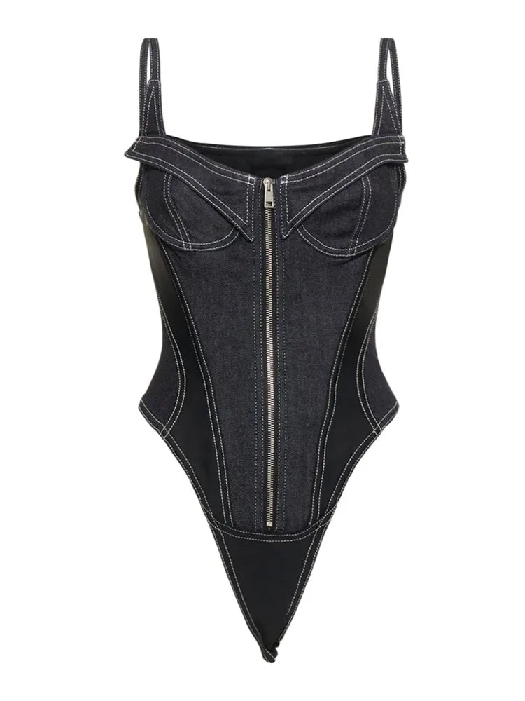 Black Denim Patchwork Bodysuit with zipper