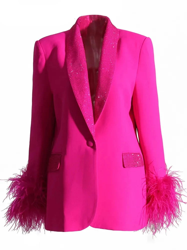 Bright Pink Blazer Sequins Lapel Feather Cuffs Trim