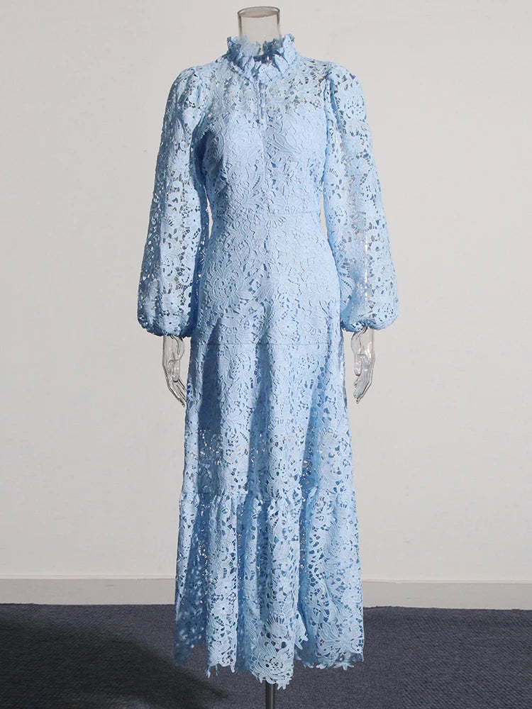 Zalia Atelier | Blue Embroidered Lace Maxi Dress Long Sleeves