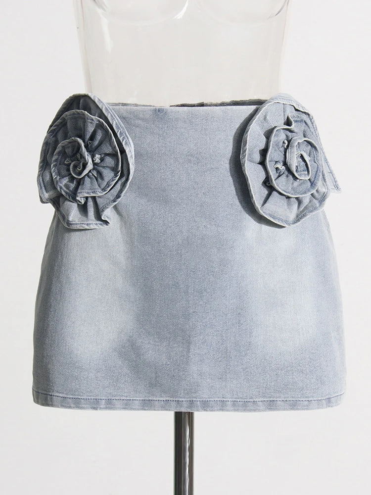 Zalia Atelier | Denim Mini Skirt Acid Wash Finish with Flower Applique