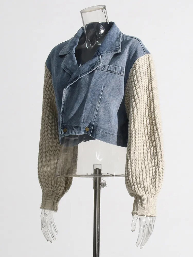 Blue Denim Jacket with Beige Knit Sleeves