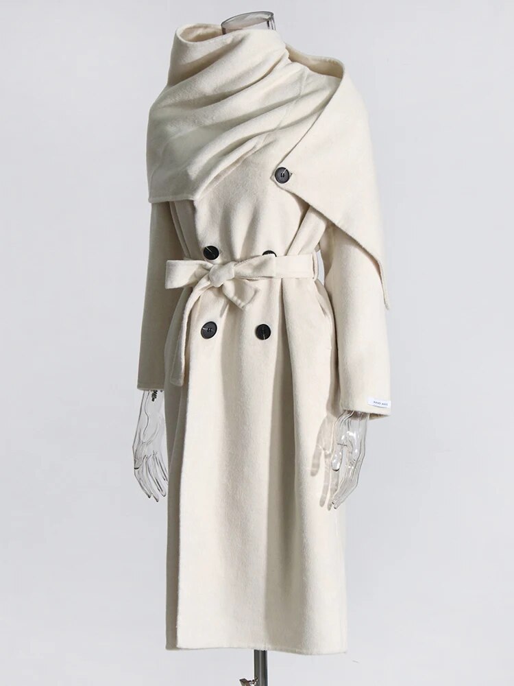 White Coat with Attached Scarf and matching belt | Zalia Atelier