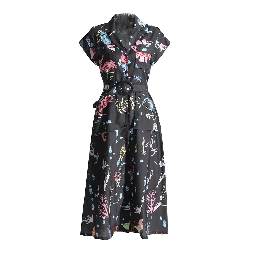 Zalia Atelier | Black Dress With Print Folded Short Sleeves