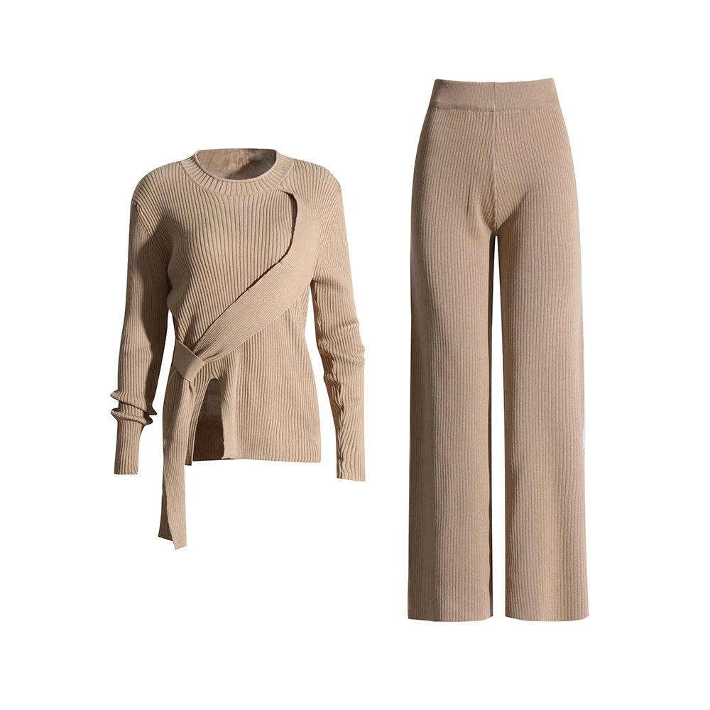 Khaki knit top and pants matching set | Zalia Atelier