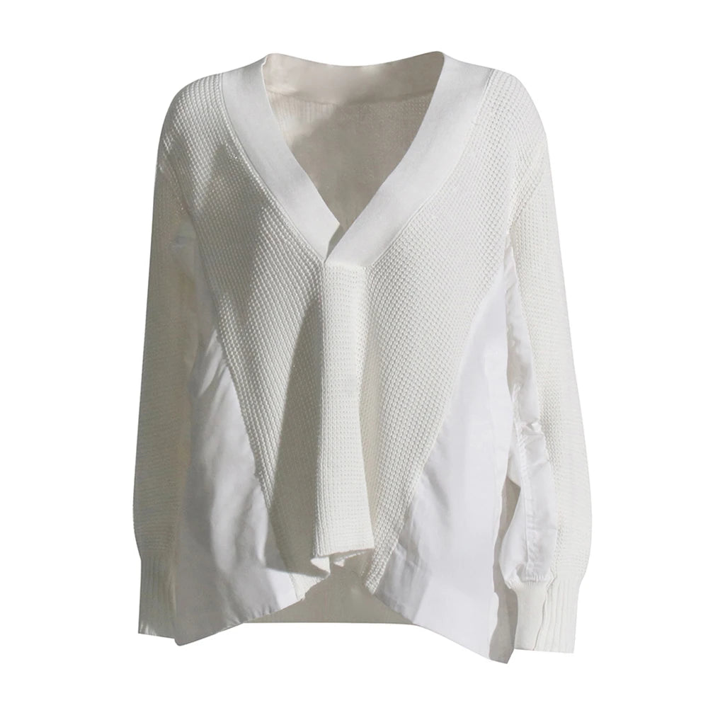 white v neck patchwork sweater