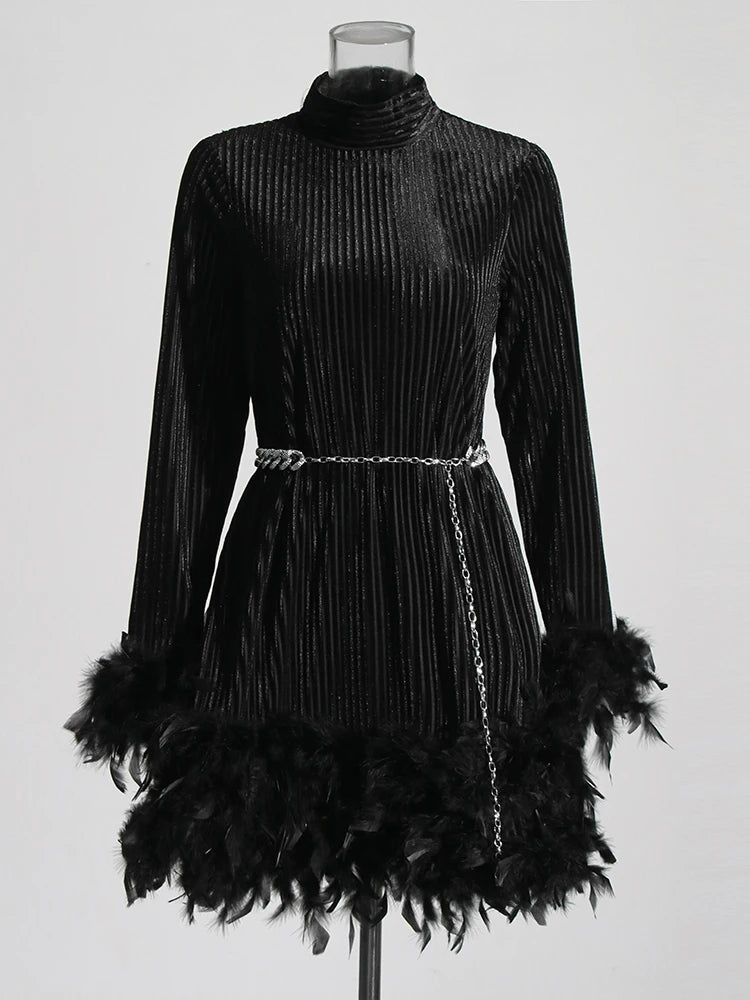 Zalia Atelier | Black Velour Mini Dress Long Sleeves Turtle Neck Feather Trim Cuffs and Hem