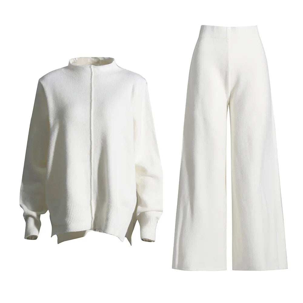 White Minimalist Knit Top and Pants Set | Zalia Atelier