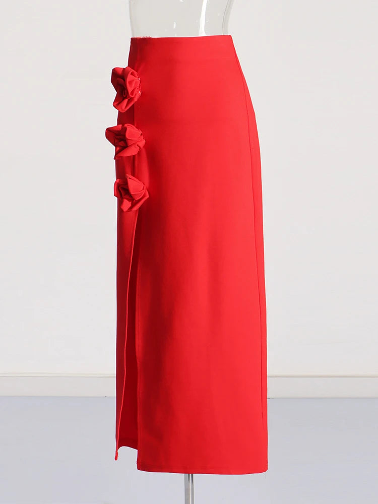 Zalia Atelier | Red Maxi Skirt | Flower Appliques | Side Front Split