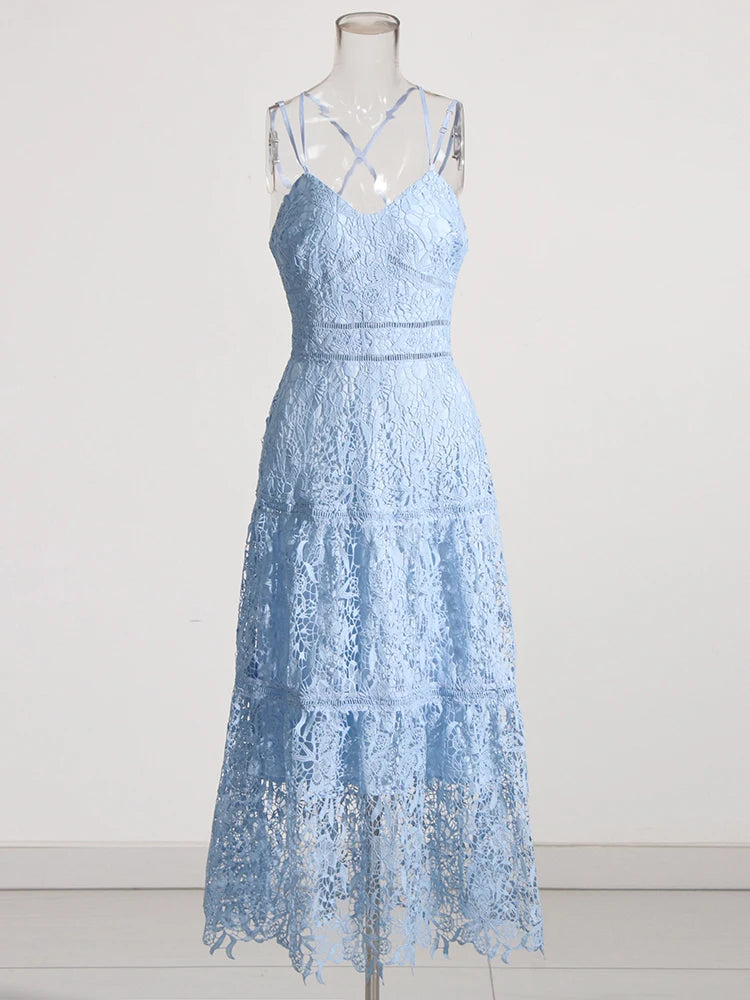 Zalia Atelier | Light Blue Embroidered Lace Dress