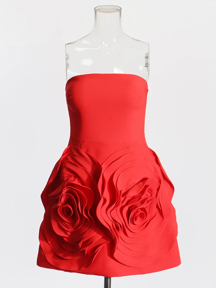 Zalia Atelier | Red Strapless Mini Dress Floral Applique