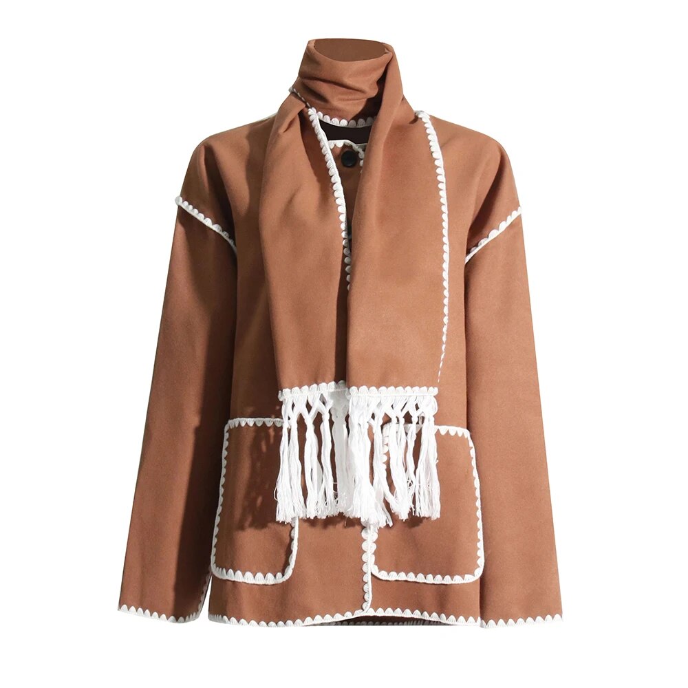 Brown Minimalist Style Coat with Scarf