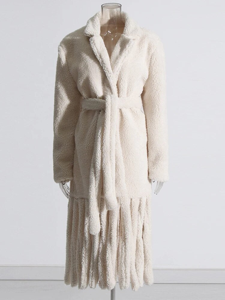 Beige color teddy coat with fringe detail