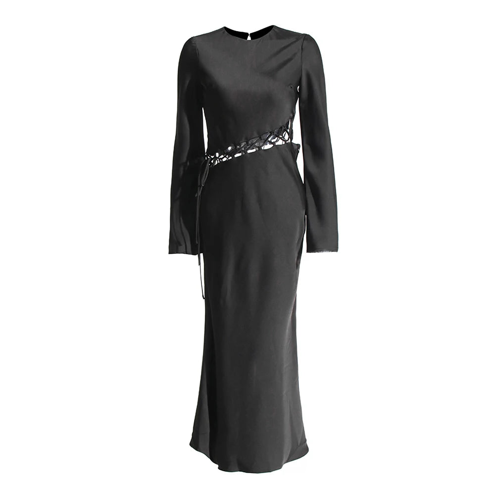 Zalia Atelier | Black long dress with long sleeves and waist cutout with lace up