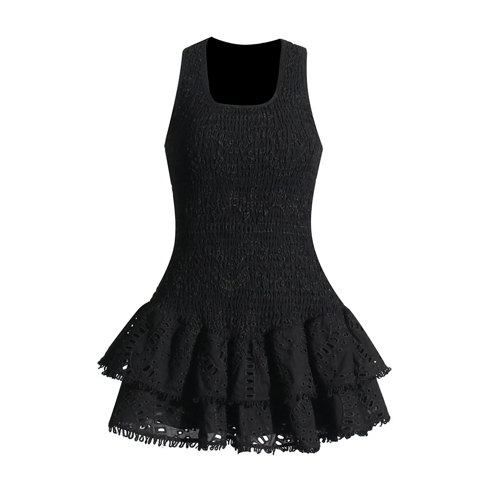 Black Sleeveless Mini Dress with embroidery and ruffle skirt detail Charo Ruiz Dupe