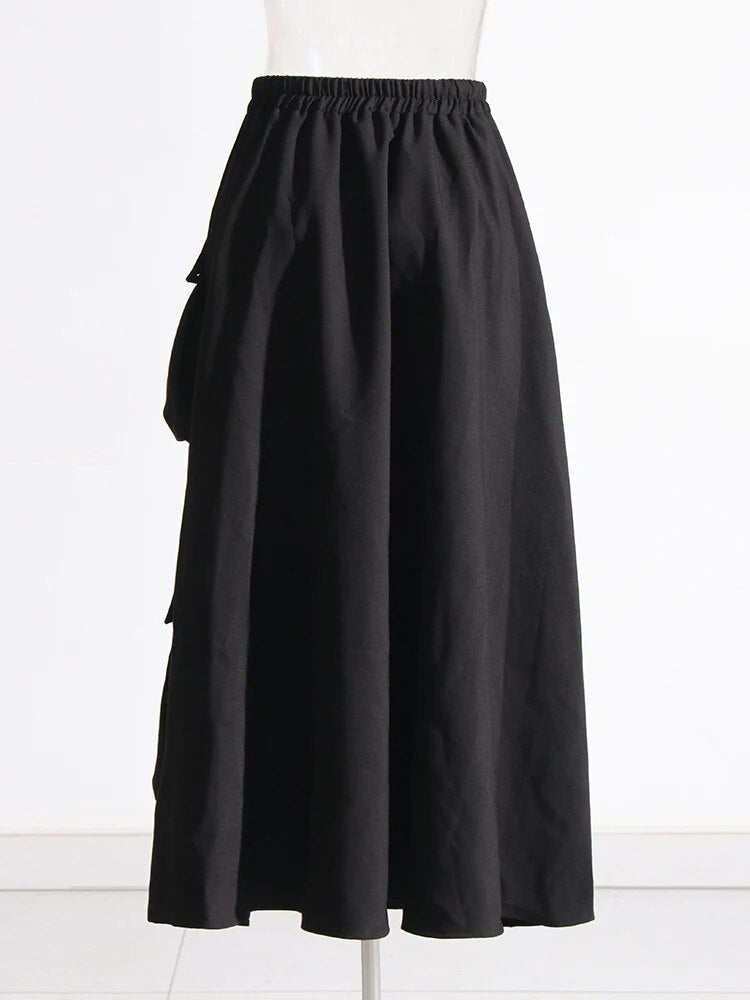 Black Midi Skirt With Pockets and Drawstring Closure