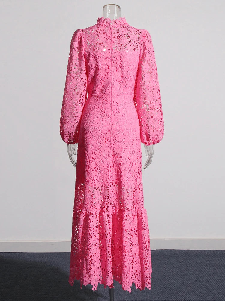 Zalia Atelier | Pink Embroidered Lace Maxi Dress Long Sleeves