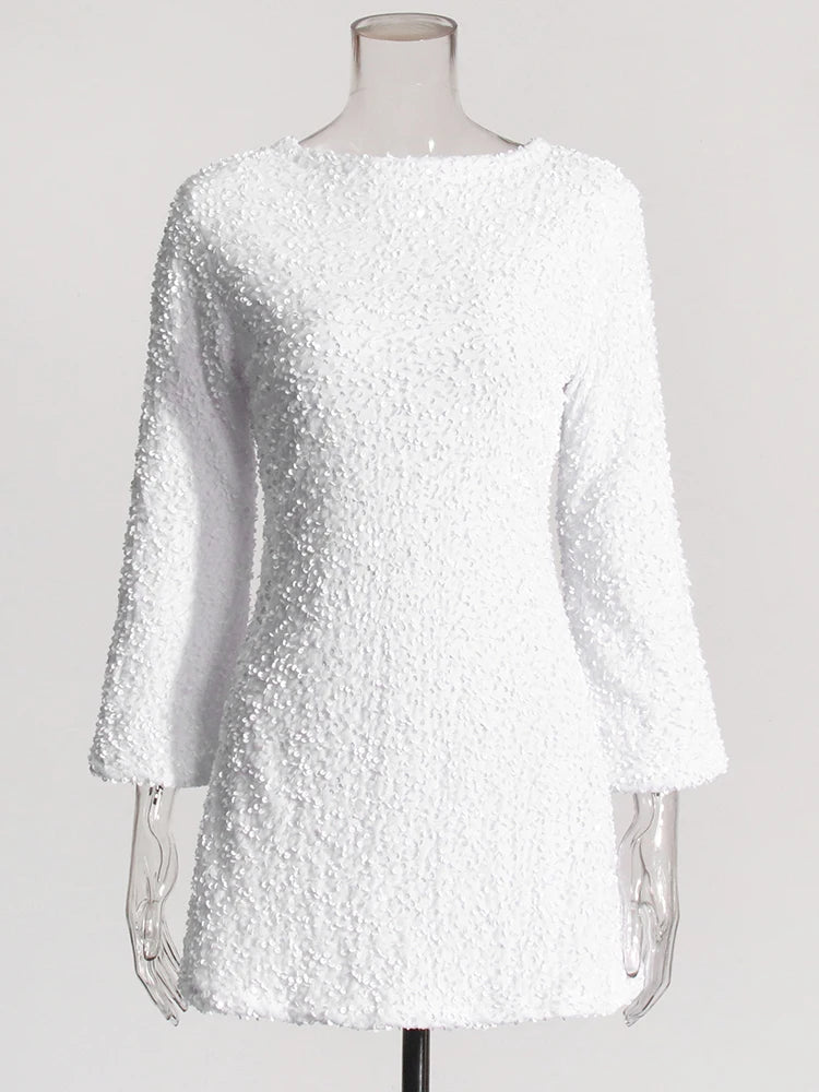 Zalia Atelier | White Sequins Mini Dress Long Sleeves Black Back Bow