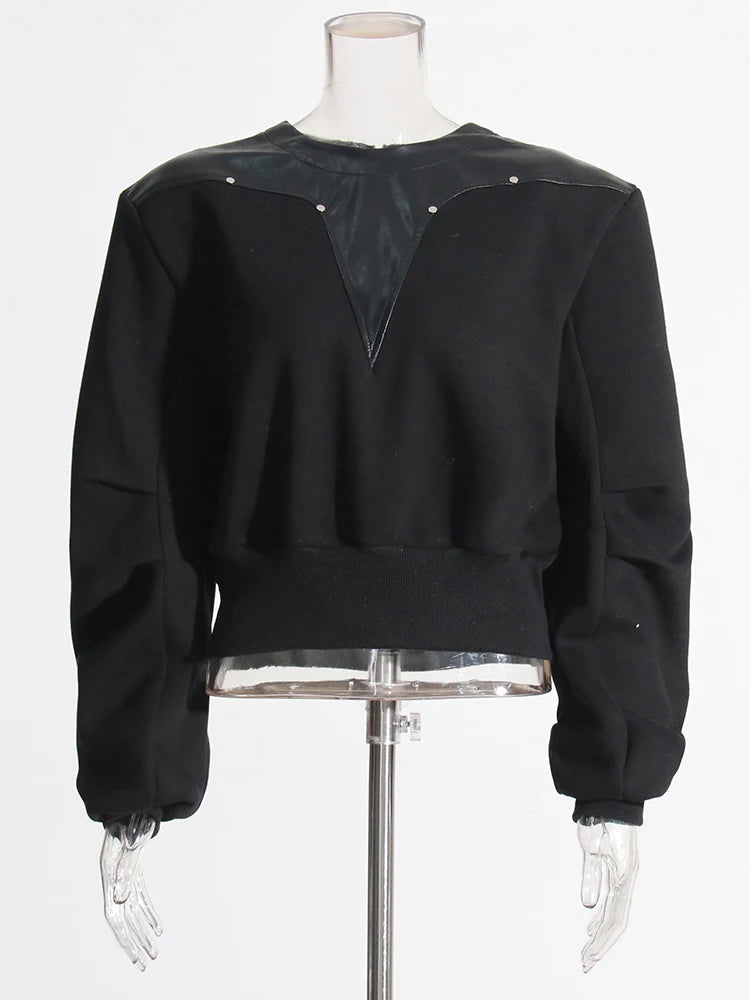 Zalia Atelier | Black sweatshirt pu leather patchwork