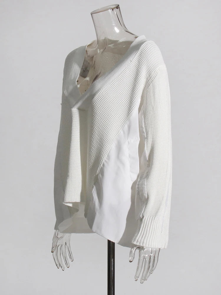 white v neck patchwork sweater