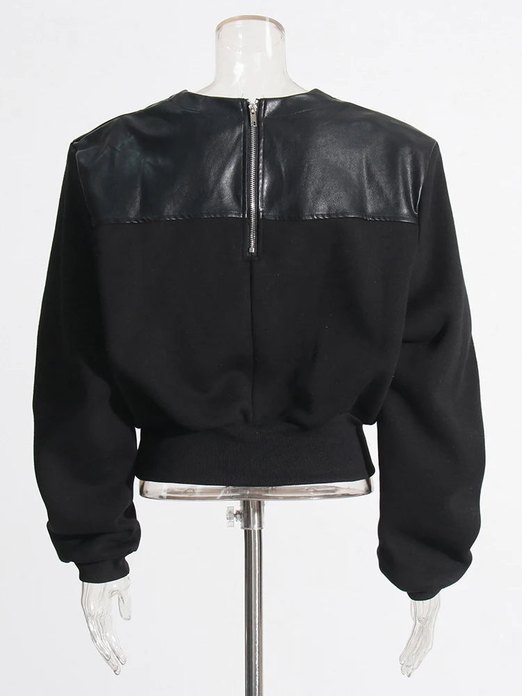 Zalia Atelier | Black sweatshirt pu leather patchwork