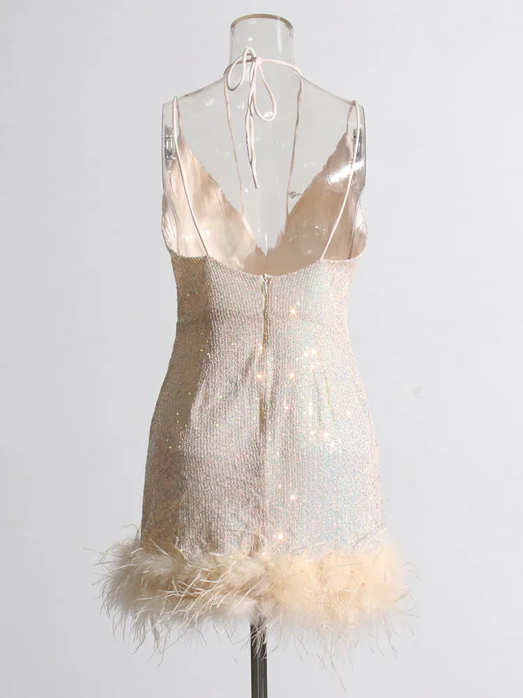 Light Pink mini dress sequins and feather trims