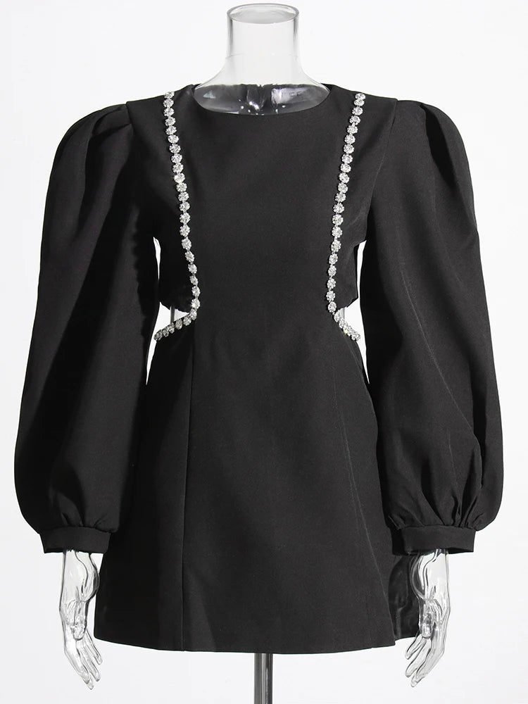 Black mini dress long sleeves side cutouts rhinestone appliques