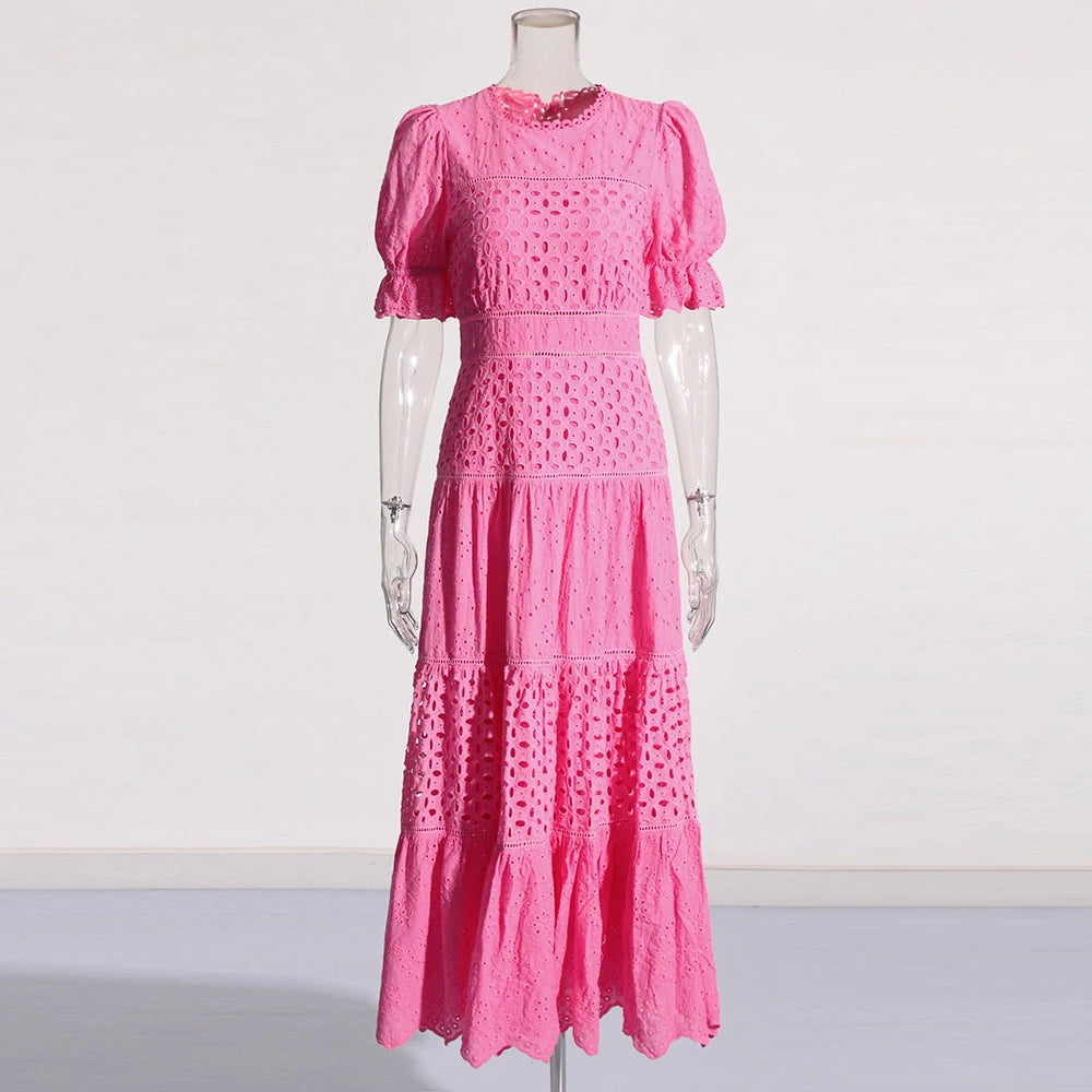 Zalia Atelier | Pink Maxi Dress Puff Sleeves Embroidered Panel