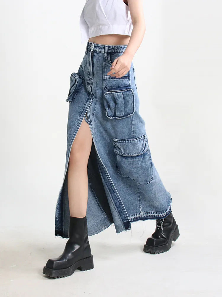 Cargo Denim Midi Skirt