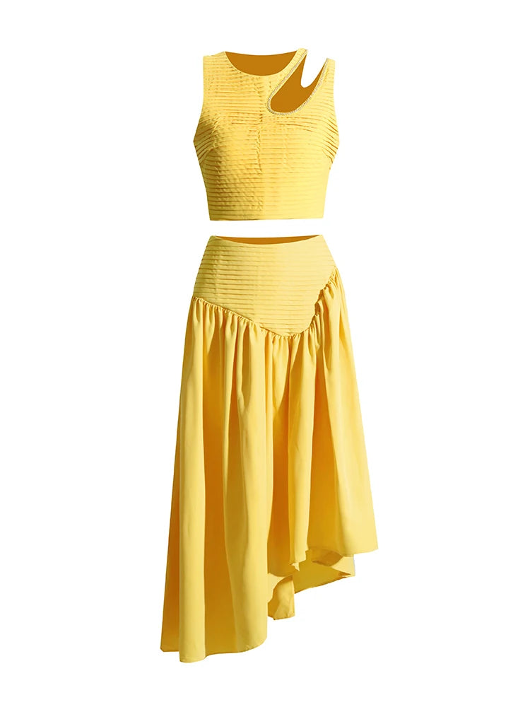 Yellow top and midi skirt set, shoulder cut out top with rhinestones