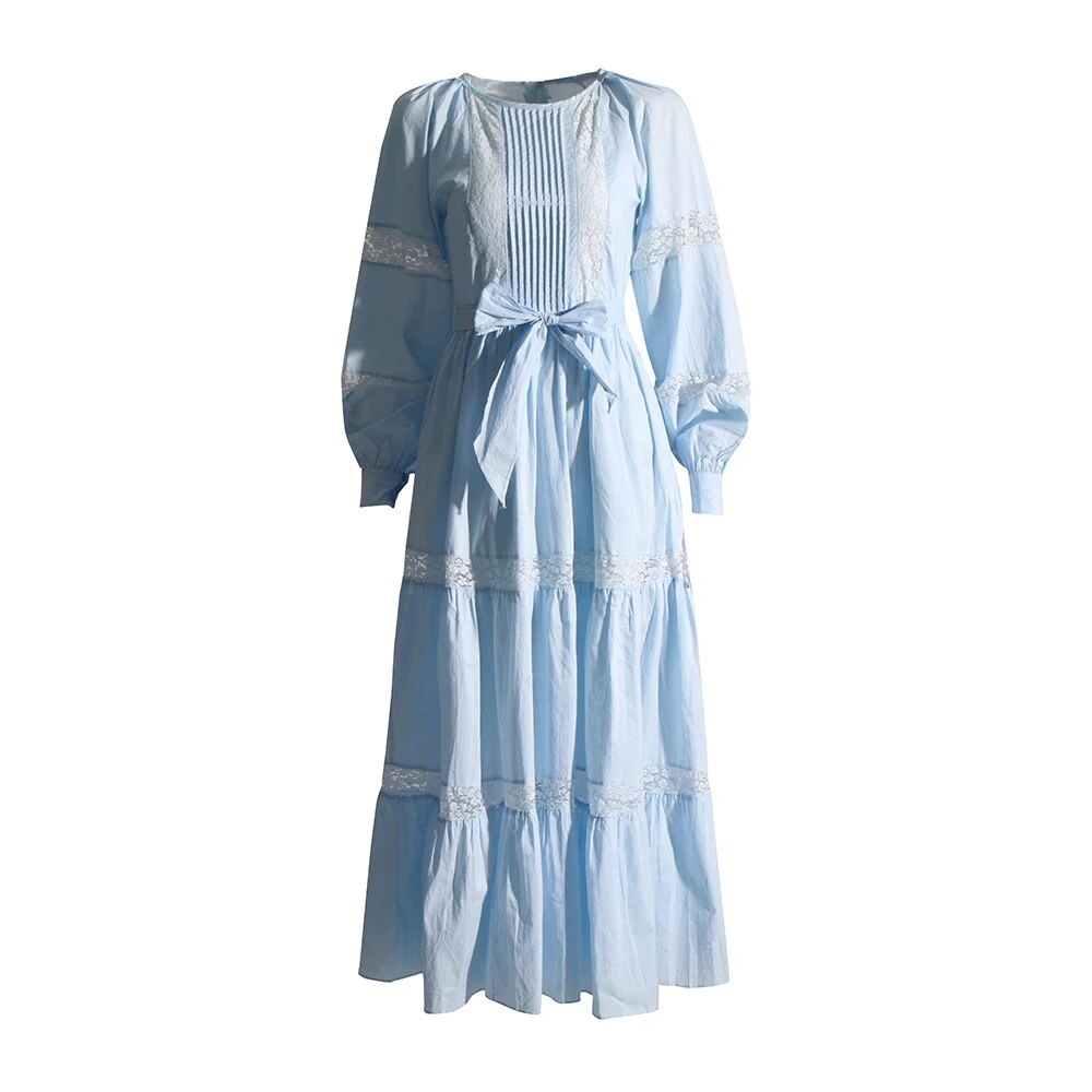 Light Blue Long Sleeve Dress | Lace Panel | Zalia Atelier