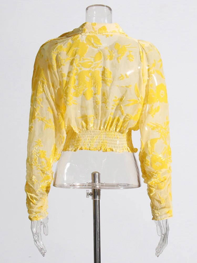 Yellow lace top with long sleeves and elastic waist