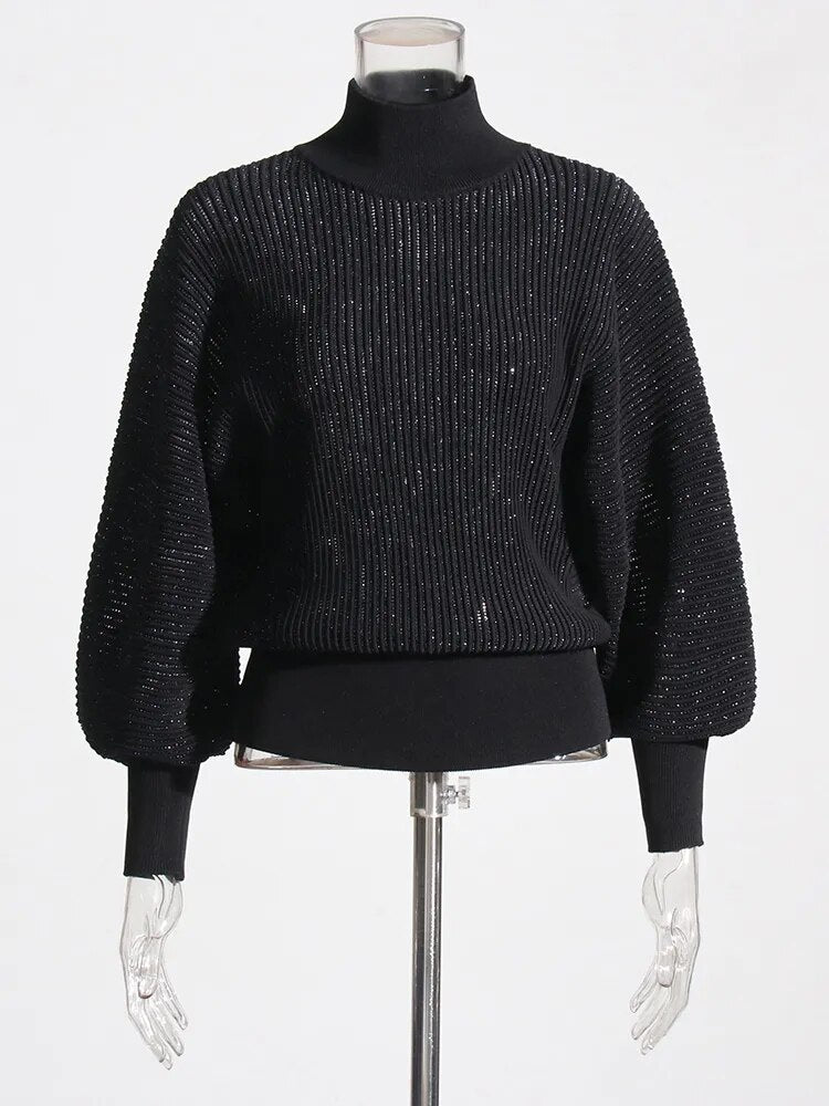 Black Turtleneck Sweater Sparkly Puff Sleeves