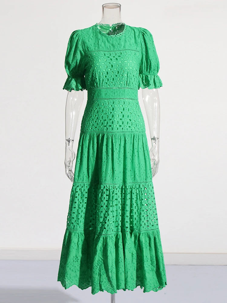 Zalia Atelier | Green Maxi Dress Puff Sleeves Embroidered Panel