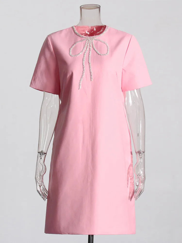 Zalia Atelier | Pink Shift Mini Dress | Rhinestones Collar