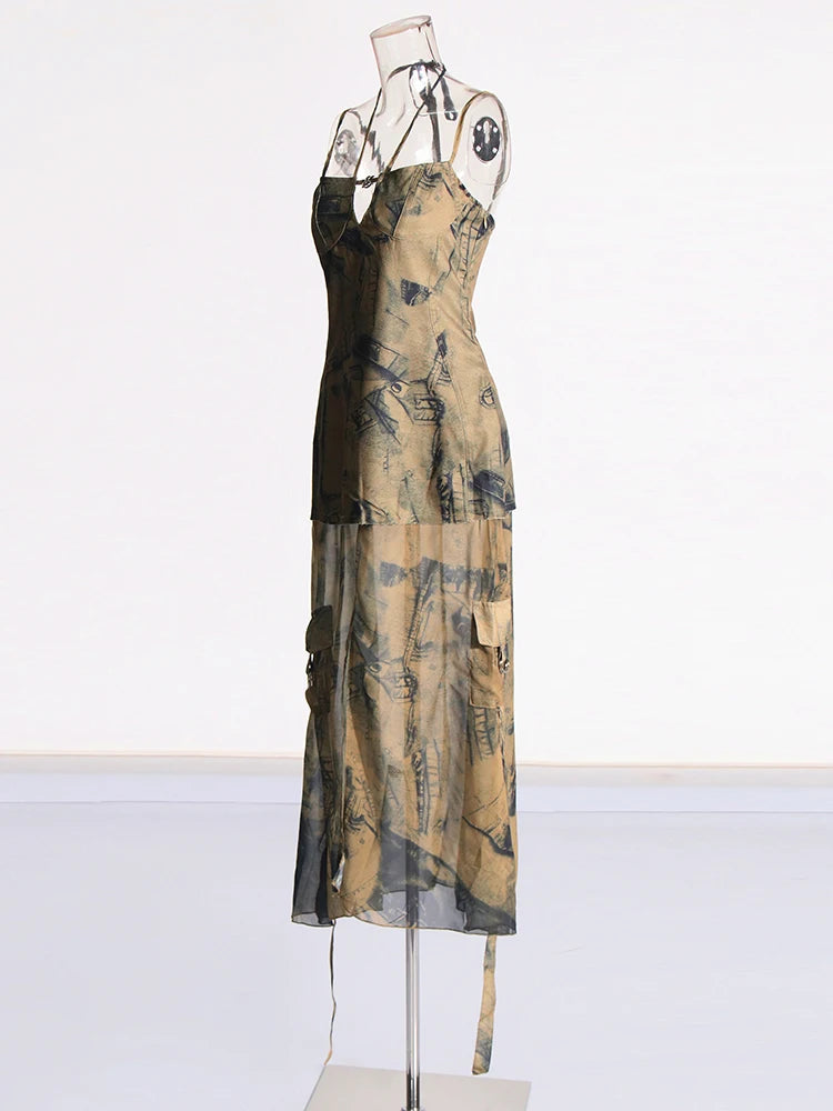 Zalia Atelier | Army Green Maxi Dress | Halter Top | Print Pattern