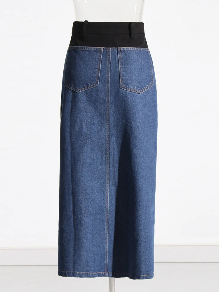 Denim patchwork midi skirt with front split