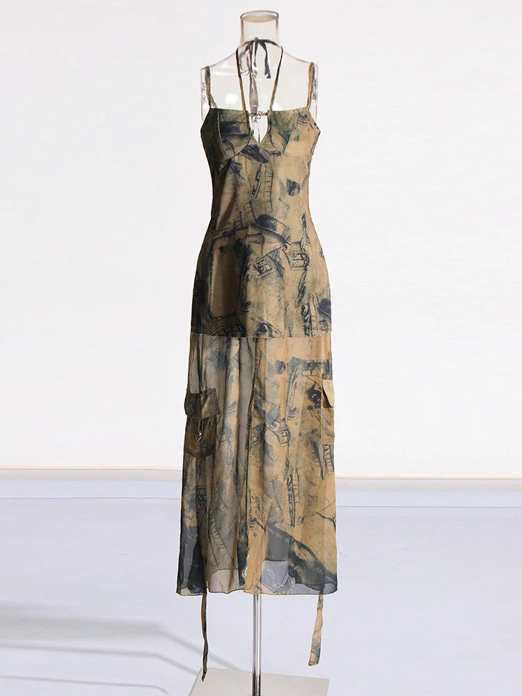 Zalia Atelier | Army Green Maxi Dress | Halter Top | Print Pattern